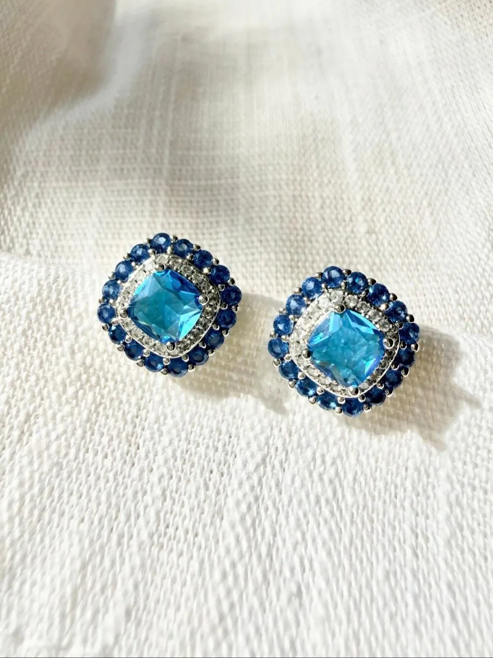 Sapphire Blue Cubic Zirconia Cushion Halo Stud Earrings Silver Tone